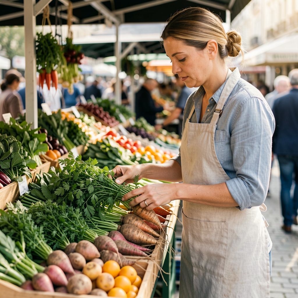 A person in a light linen apron standing at a market stall selecting fresh seasonal herbs and root vegetables, natural daylight, unposed documentary style