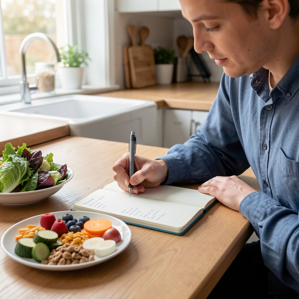 Person writing in a structured food journal at a kitchen table with a plate of whole food ingredients beside the notebook, natural morning light