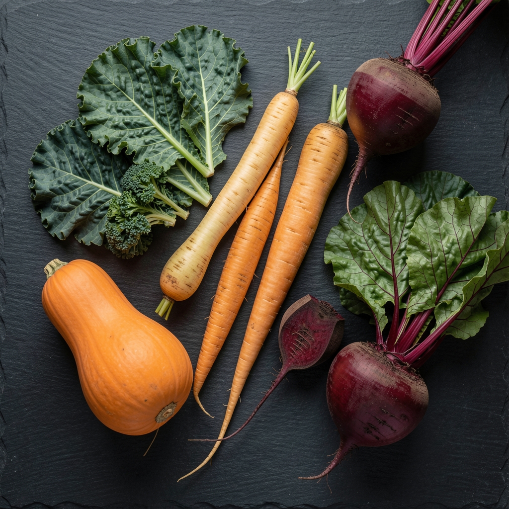 Flat lay of seasonal UK autumn vegetables including butternut squash, kale, parsnips and beetroot arranged on a dark slate surface