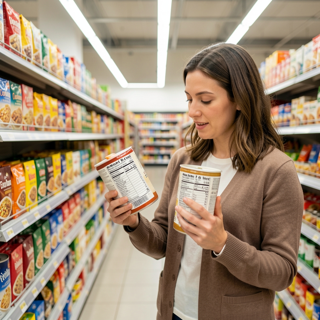 Person reading a food label on a product in a supermarket aisle, comparing two items, bright supermarket lighting