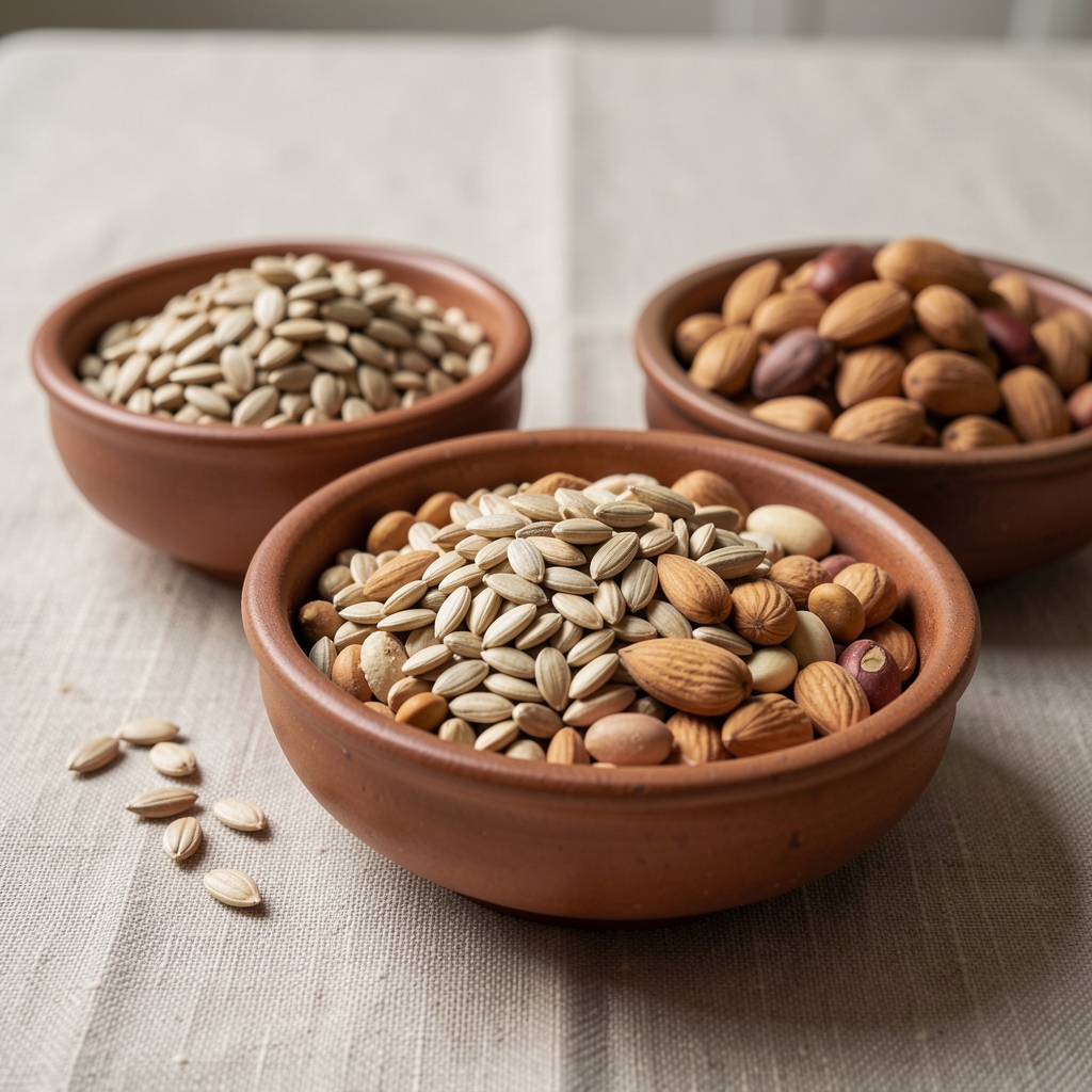 A portion of seeds, nuts and legumes displayed in small ceramic bowls on a linen tablecloth, natural light photography